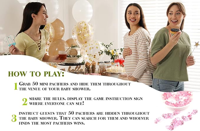 Baby Pacifier Hunt Baby Shower Games, Gender Reveal Game, 8×10 Sign and 50 Mini Acrylic Pacifier, Favorite Adults Kids Games for Baby Shower Activities, Gender Neutral Boy and Girl BPH01