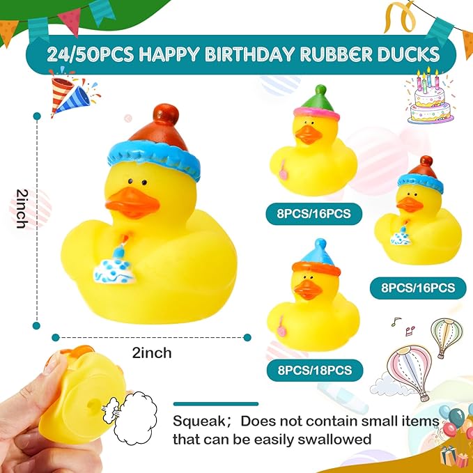 Deekin 24 Pcs Birthday Rubber Ducks Party Rubber Duck 2 Inch Small Rubber Ducks Mini Rubber Duckies Safe Bathtub Bathing Toy Party Favors Birthday Gifts for Baby Shower, Pool, New Year, Christmas