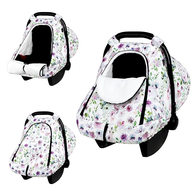 Winter Car Seat Cover Baby, GFU Warm Carseat Cover for Babies, Universal Infant Car Seat Canopy Waterproof, Cold Weather Shield Coats Purple Flowers