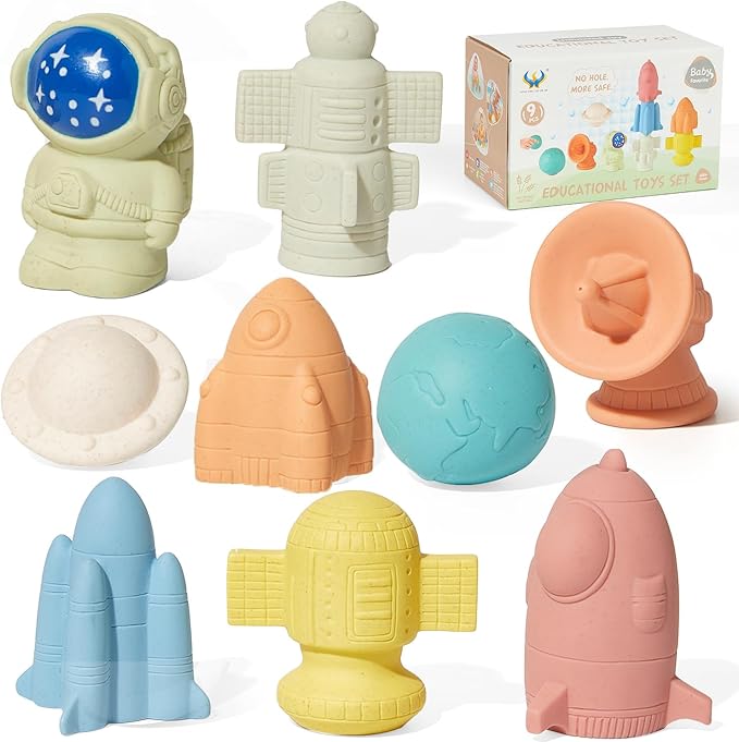 AMCHSURI Mold-Free & No Holes Bath Toys 9 Pack | Safe Astronaut & Rocket Ship Toys for Babies 6-12M & Toddlers 1-3Y | Bathtub Pool Float Toys for Boys Girls