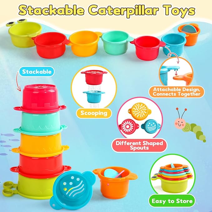 Zeewoo Baby Bath Toys for Kids Ages 1-3 Toddler Bath Toys Mold Free Bathtub Toys for 12+ Months Pool Water Table Beach Sand Toys Stacking Cups Floating Boats for 1+ Years Old Girls Boys Gifts 13 PCS