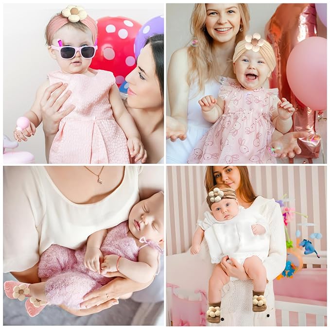 MIUXUESO Baby Girls Headbands and Socks Newborn Flower Hairbands Non-Slip Grips Socks Nylon Hair Accessories Infants and Toddlers (Beige, 6-12 Months)