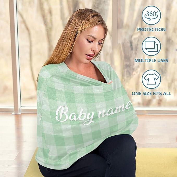 Personalized Baby Car Seat Cover for Babies, Custom Name Baby Car Seats Canopy for Boys Girls, Nursing Breastfeeding Stroller Covers for Infant Newborn, Shower Gift (Green Plaid)