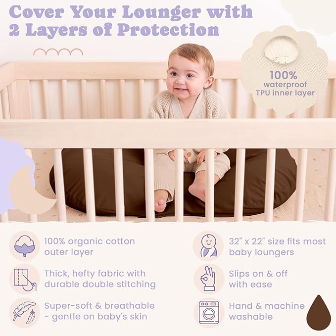 100% Waterproof Baby Lounger Cover - 2-Ply Organic Cotton Slipcovers Keep Your Lounger Clean & Your Baby Comfy - Machine Washable - (Lounger Not Included) - Brown