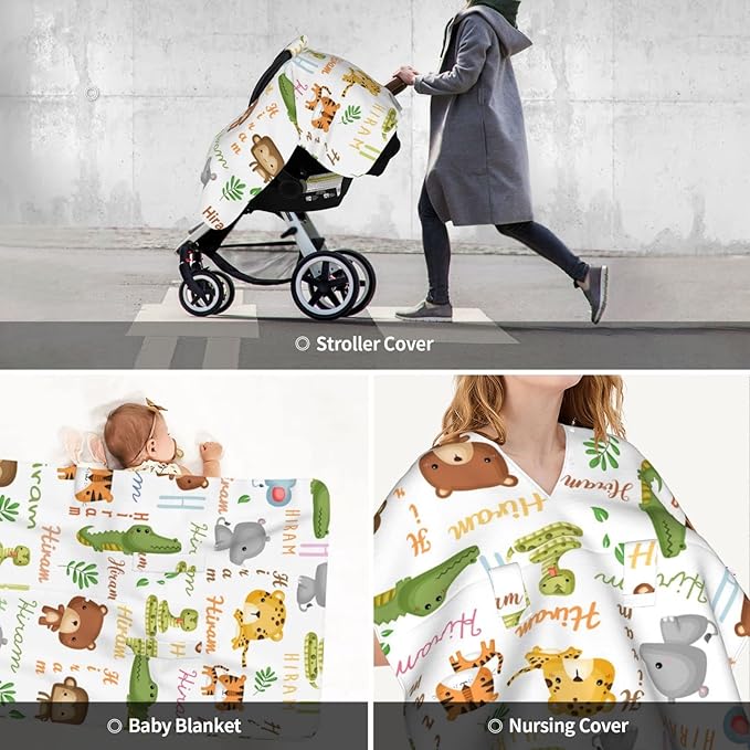 Personalized Cute Animal Baby Car Seat Canopy for Babies, Custom Baby Carseat Covers with Name, Peekaboo Opening Nursing Breastfeeding Cover, Stroller Canopies for Newborn Infant