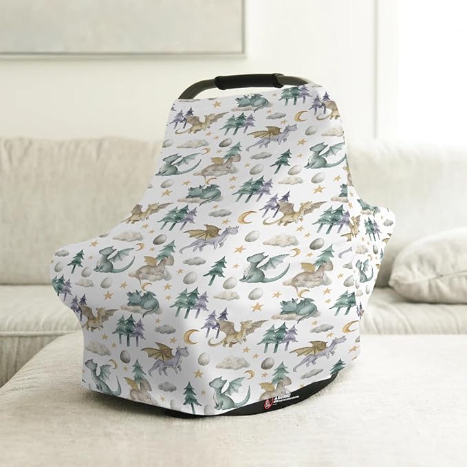 Baby Boy 5-in-1 Car Seat Cover Watercolor Dragon Tale, Multi-use Privacy Nursing Breastfeeding Cover, Carseat Canopy Carrier Newborn Infant Gift