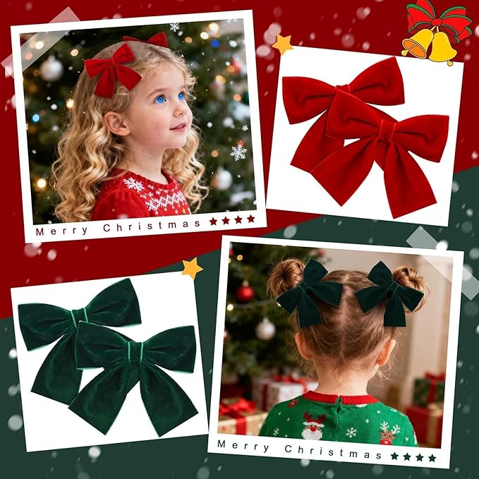 8 Pcs Velvet Hair Bows for Girls, 4" Christmas Hair Bows with Alligator Clips Christmas Bow Hair Accessories Stocking Stuffers for Girls Toddler Kids