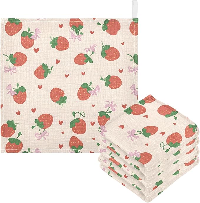 Washcloths Set Bathroom Kitchen Wash Cloths Face Towels Wipes Strawberry Bowknot Decorative 12x12 Inch 5 Pack