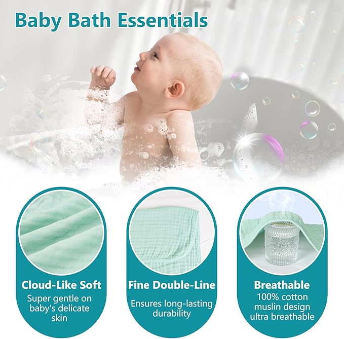 PHF 2 Pack Baby Hooded Towels, 100% Muslin Cotton Baby Bath Towel with Hood for Newborn, Infant, Toddler, Ultra Soft and Absorbent Baby Essentials Bath Towels for Boys Girls, 32x32Inch, Beige & Green