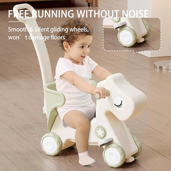 4-in-1 Rocking Horse Toy for Toddlers 1-3 | Plastic Push Walker with Balance Board & Wheels, Ride-On Rocker Gift for 1 Year Old Boys Girls(Green)