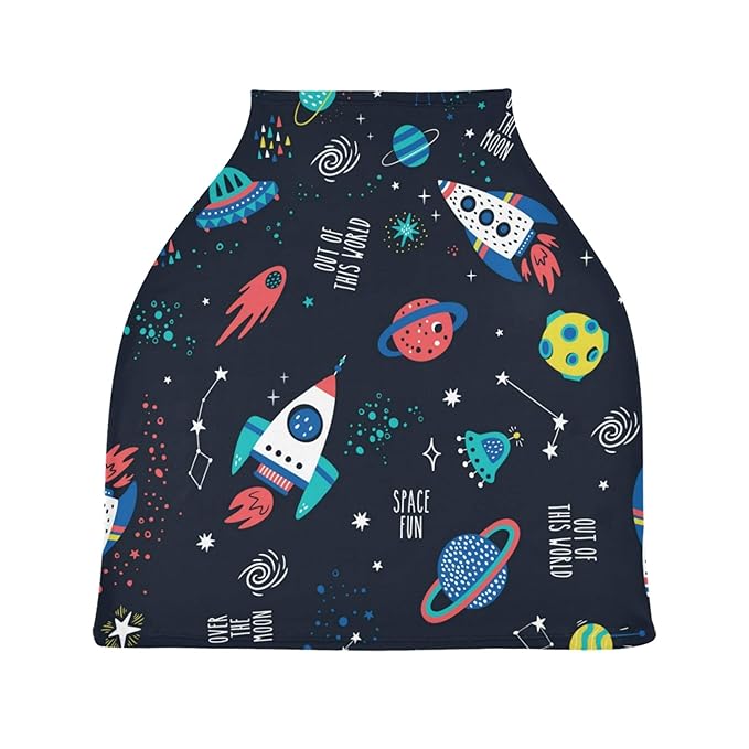 Outer Space Pattern Rocket Planet UFO Star Constellation Nebula Stretchy Baby Car Seat Cover Infant Canopy Nursing Covers Breastfeeding Cover Breathable Windproof Winter Scarf for Boys Girls