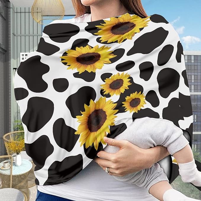 Coldinair Cow Sunflower Print Car Seat Cover for Babies Girls,Soft Stretchy Nursing Cover,Breathable Infant Carseat Canopy,Shopping Cart/High Chair/Stroller Covers