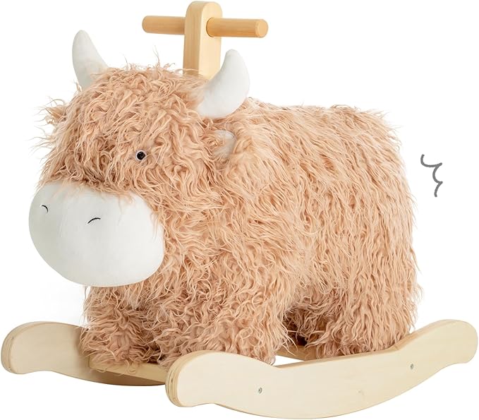 Baby Rocking Horse for 1 Year Old,Wooden Cow/Yak Horse Rocking with Wicker Plush Wooden Ride On Toy for 2 Years Old Girl&Boy Nursery Birthday Gift