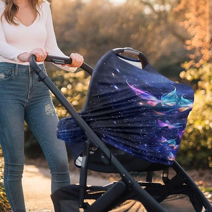 Butterfly Galaxy Car Seat Cover Dust Cover Infant Stroller Cover Wind-Protected Sun-Proof Car Seat Canopy Cover Privacy Protection Reusable Pram Dust Protector