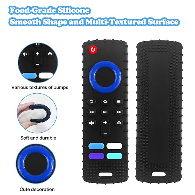 ROBBEAR Baby Teething Toys, Soft Silicone Teethers for Babies 3 6 12 18 Months, Fire Stick TV Remote Control Shape Infant Chew Toys for Boys and Girls, Baby Teething Relief, BPA Free (FTV-Black)