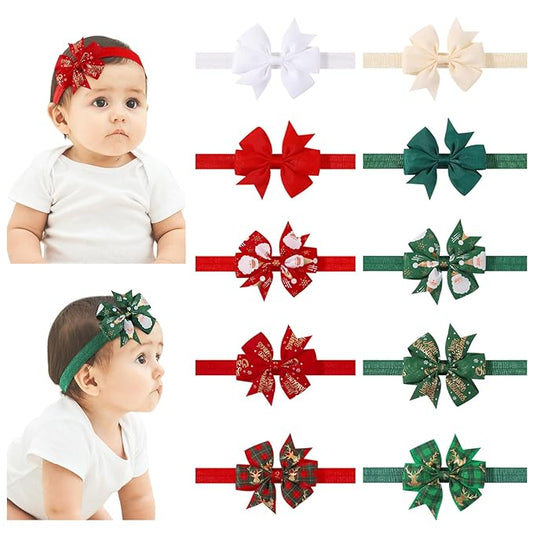 jollybows 10pcs Christmas Baby Bows Headbands Soft Stretchy Grosgrain Ribbon Hairbands with Bows Christmas Headbands Hair Accessories for Newborn Baby Girls Infant Toddlers Kids
