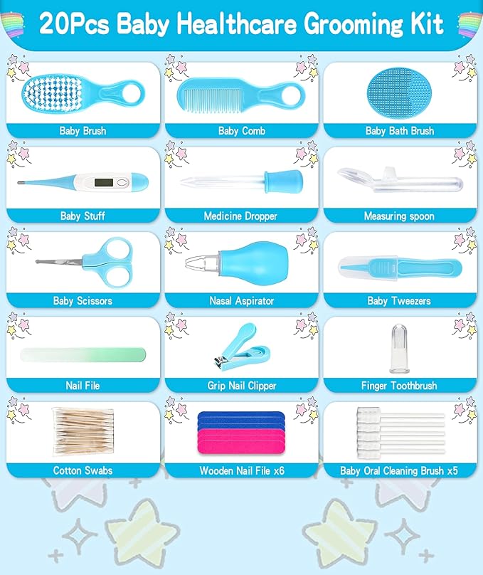 Baby Grooming and Healthcare Kit, Portable Baby Safety Care Set with Hair Brush Comb Nail Clipper Nasal Aspirator for Nursery Newborn Infant Girl Boy (25 in 1 Blue)