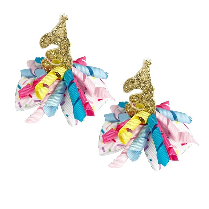 Birthday Hair Clips for Baby Girls - 2Pc Curly Ribbon with Gold Number Bow Hair Clips for 3rd Birthday Baby Bow Party Decorations for Girls Toddlers Hair Accessories (Gold Number- 3 Years)