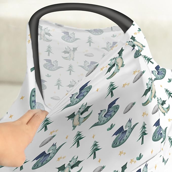 Fairytale Dragon Trees Stars Baby Car Seat Covers Cute Dragons Green Stretchy 5-in-1 Cover Adjustable Infant Carseat Canopy Cover Fantasy Animal Breathable Nursing Cover-Up