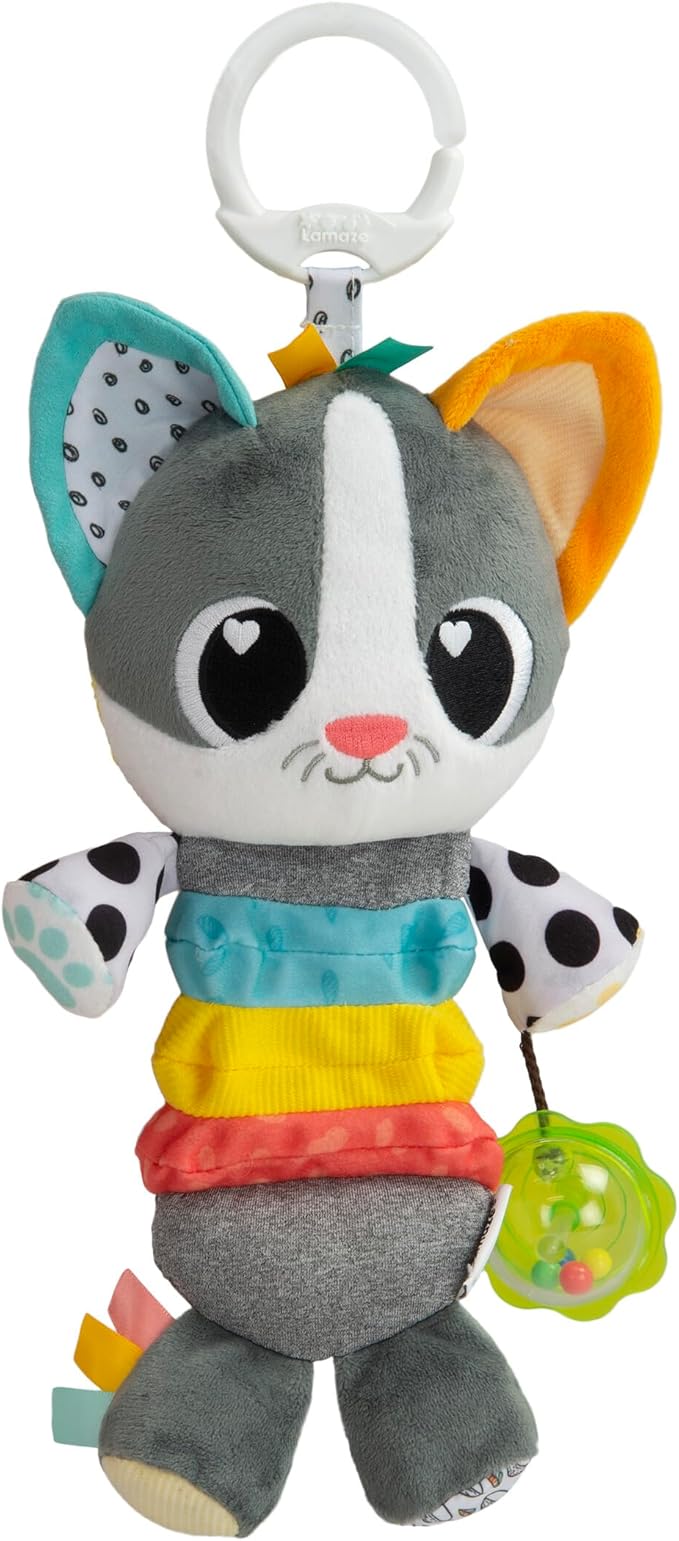 Lamaze Millie Le Chat | Clip On Pram Toy with Multiple Textures, Rattle, Rustling Ears, Satin Ribbons | Sensory Toy for Babies from 0 Months