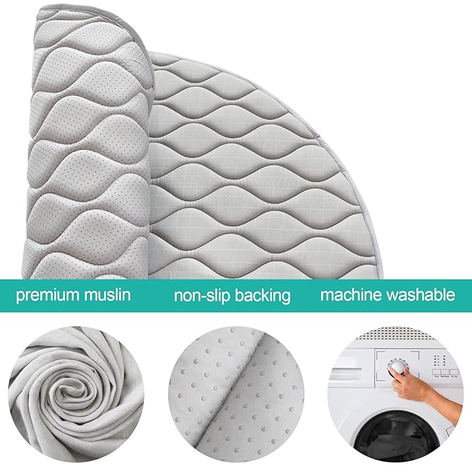 Biloban Foam Play Mat 40×40, Muslin One-Piece Crawling Mat for Baby & Toddler to Play on Floor, Non Slip, Grey
