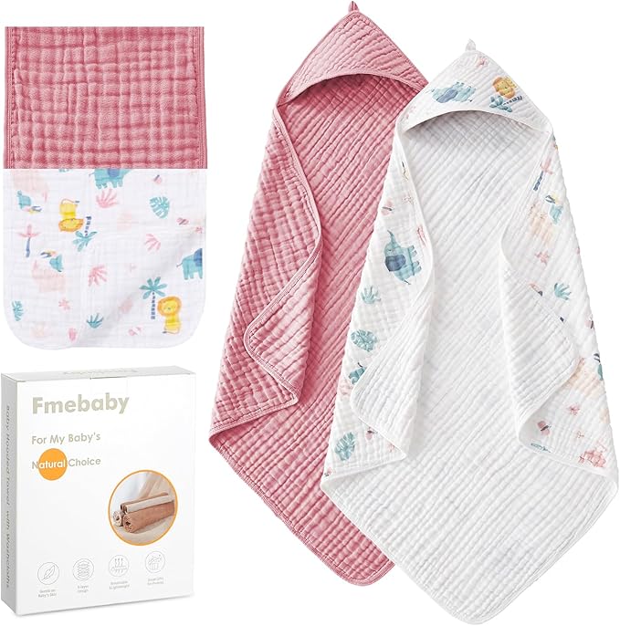 Muslin Bath Towel for Toddler 4 Pcs, 36x36 Inch 100% Muslin Cotton Baby Hooded Bath Towel and Washcloths for Babies, Infant and Kids, Soft and Absorbent Newborn Essential(Pink and Elephant)