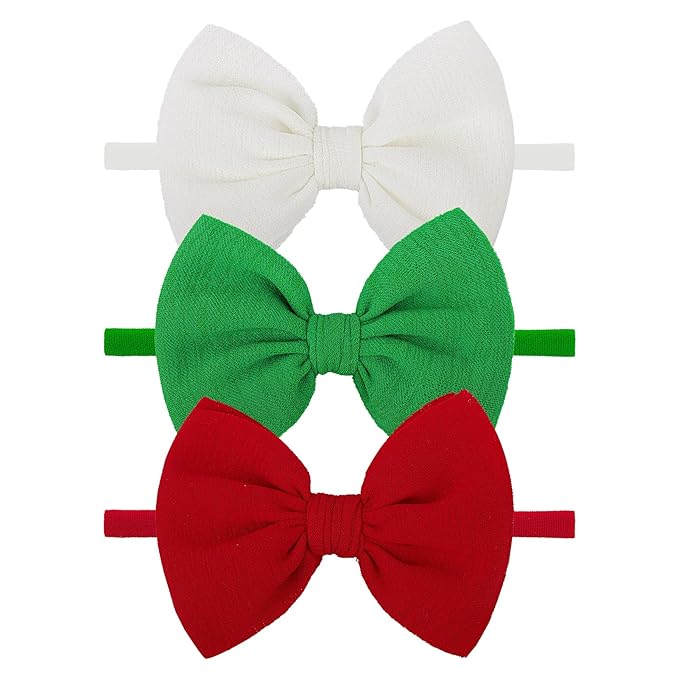 3PCS 4.5'' Christmas Baby Girl Bows for Newborn Green Headband Red Hair Bow Christmas Nylon Hairband Hair Accessories for Infants Toddler Headbands