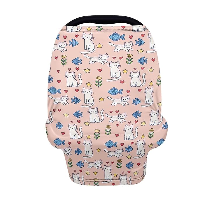 Wanyint Cat Fish Flower Star Pink Infant Car Seat Cover Cute Car Seat Cover for Babies, Carseat Canopy Baby Breastfeeding Stroller High Chair Shopping Cart Cover