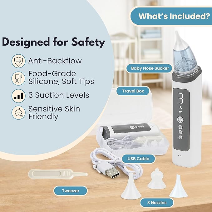 Electric Nasal Aspirator for Babies - HSA Baby Eligible Products - FSA Baby Eligible Items Only Gentle Electric Nose Suction for Baby - Adjustable Suction - Soft Silicone Tips - USB Rechargeable
