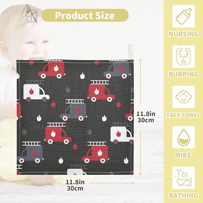 vvfelixl Firefighters Fire Trucks Baby Burp Cloths, Baby Muslin Washcloths for Boys Girls, Cotton Baby Face Towel for Newborn Infants Soft and Absorbent 11.8 X 11.8 in, 5 Pack Black