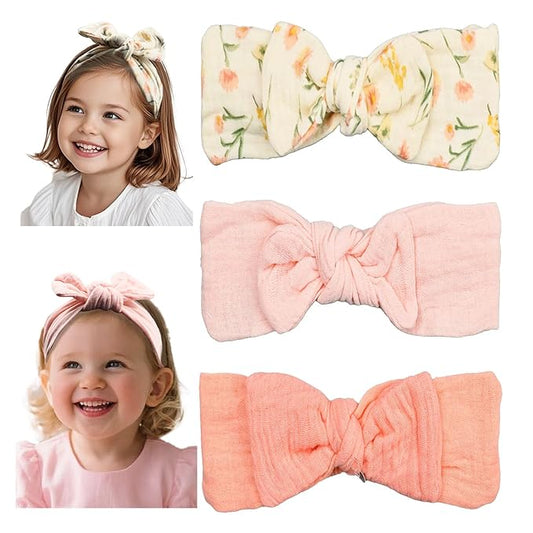 Baby Girl Muslin Cotton Hair Bow Headband, Top Knotted Floral and Solid Headwrap for Newborns, Infants, Toddlers (CJpinkset)