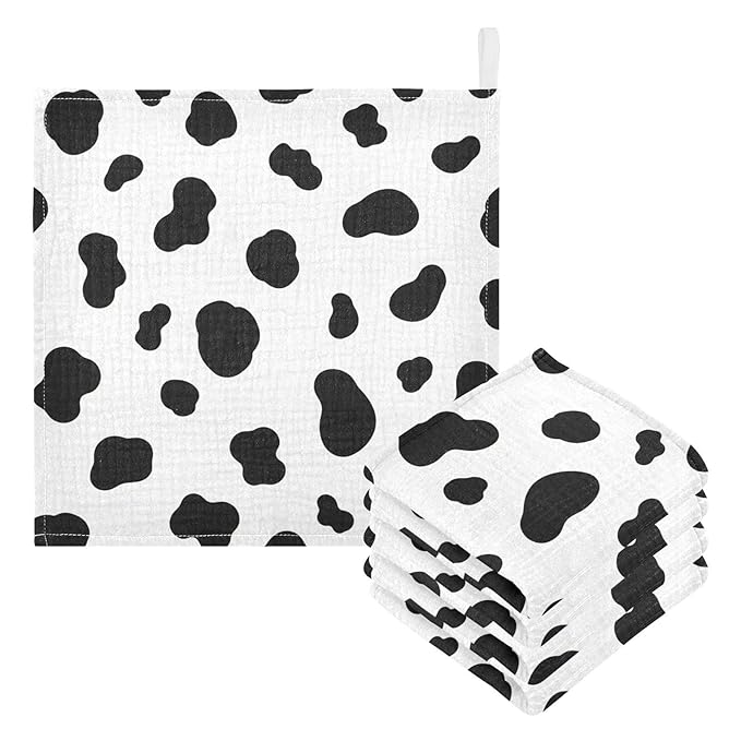 Black White Cow Pattern Baby Muslin Washcloths Burp Cloths Soft Absorbent Baby Wash Cloth Fingertip Face Towels for Newborn Boys Girls 12 x 12 in,3 Pack