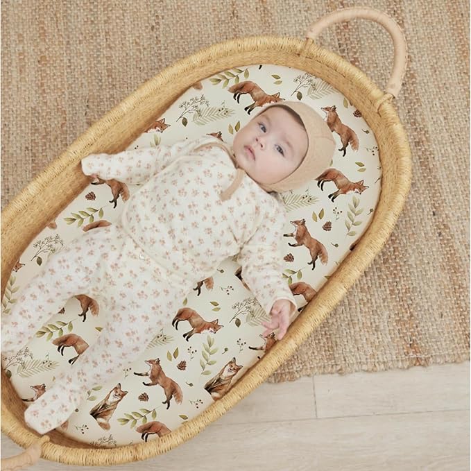 Stretch Fitted Bassinet Sheet Set BROLEX 2 Pack Cradle Sheets for Bassinet Pad/Mattress,Unisex Boys Girls,Ultra Soft,Fox Foliage