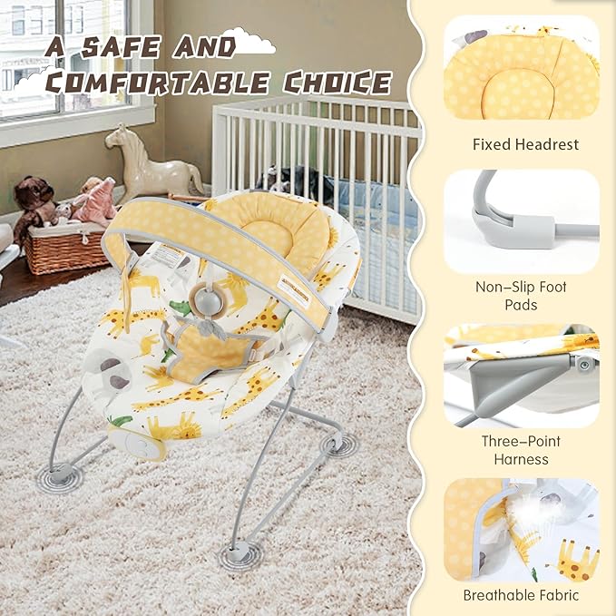Portable Baby Bouncer Seat with 8 Melodies, 3 Vibration Levels & Adjustable Volume, Foldable Infant Bouncer Rocker with Safety Harness for Baby 0-6 Months, Indoor & Outdoor Use BR2405