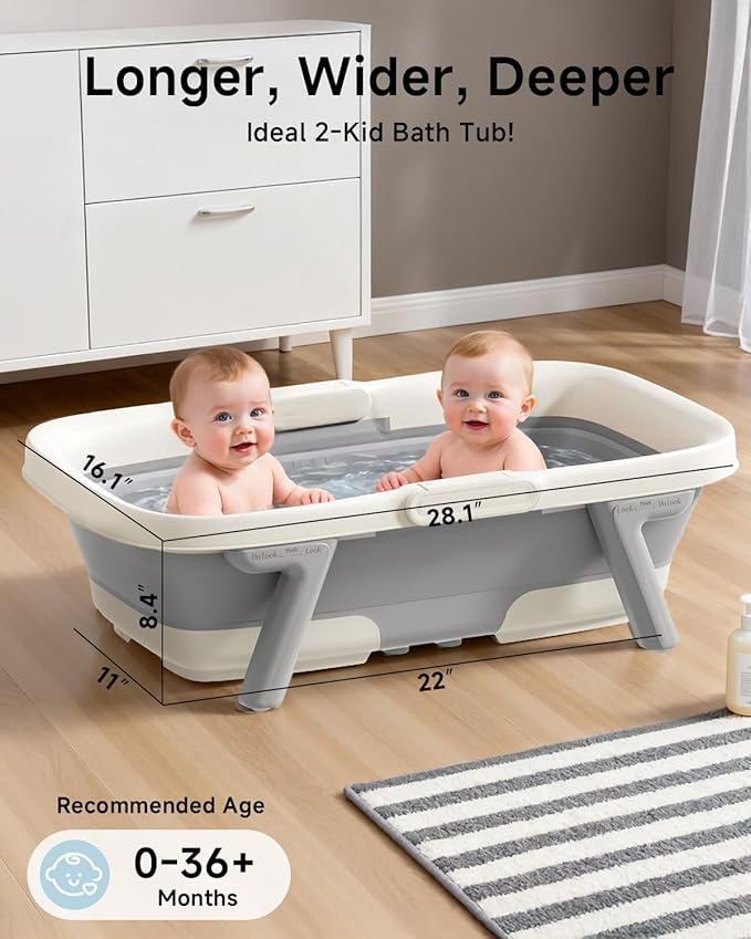 Collapsible Baby Bathtub, Large Infant Bath Tub with Thermometer & Cute Soft Cushion for Newborn to 36-Month Toddlers, Storage and Non-Slip Feet Design, Baby Bath Gift (Grey)