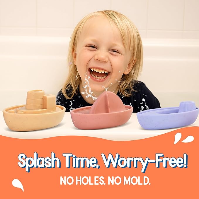 Baby Bath Toys 6-12 Months, No Hole Fully Sealed Wheat Straw Bathtub Boats for Toddlers 1-3, Floating Water Playset for Boys & Girls, for Kids, Sensory Montessori Play Set