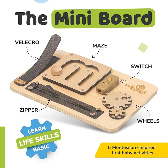 deMoca Sensory Busy Board for 1 Year Old, Travel Wooden Montessori Busy Board for Toddlers 1–3, Switch and Fidget Activity Board for Early Motor Skills and Travel Play