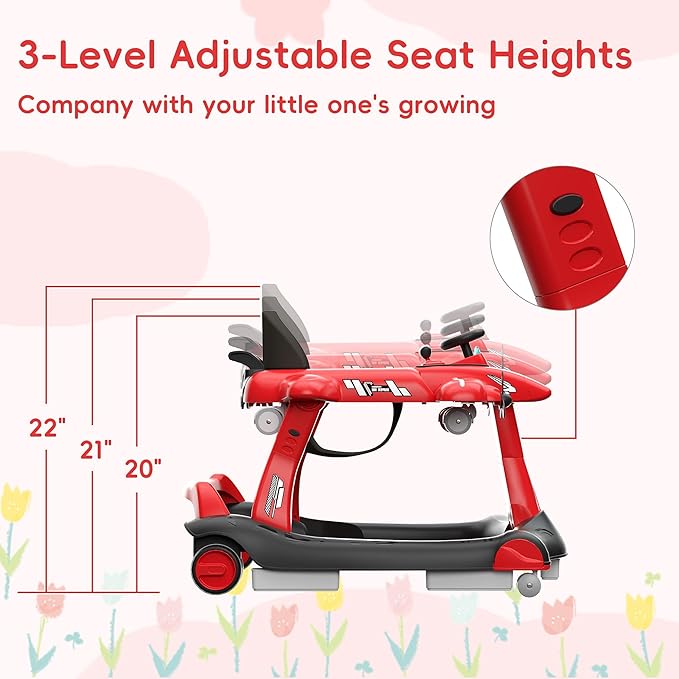 Betterhood 6-in-1 Foldable Baby Walker with Adjustable Height & Speed, Airplane-Themed Activity Push Walker with Music & Lights, Wheels, Anti-Slip Design, Suitable for Boys & Girls Aged 6-18 Months