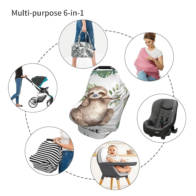 Personalized Car Seat Covers for Babies with Name – Multi-use Breastfeeding Cover Custom Sloth Carseat Canopy Cover, Infant Stroller Covers for Boys and Girls