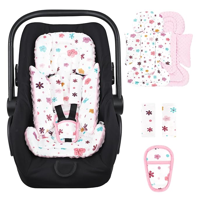 Pea Pod Infant Car Seat Insert with 3 Strap Covers, Reversible Baby Car Seat Head and Body Support, Minky Dot Newborn Carseat Insert for Preemie (Pink Floral)