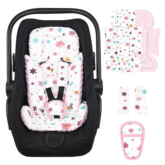 Pea Pod Infant Car Seat Insert with 3 Strap Covers, Reversible Baby Car Seat Head and Body Support, Minky Dot Newborn Carseat Insert for Preemie (Pink Floral)