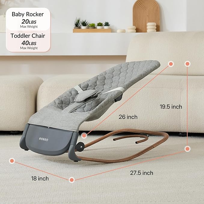 VaVaSoo 2-in-1 Electric Baby Rocker & Toddler Chair (up to 40 lbs), Dual Powered (Type-C or Battery), Motion Sensing Auto-Rocking Adjustable Support Bar for Stationary Seat, Music & Timer
