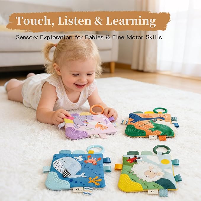 SILI FACTORY 4Pack Soft Baby Book, Touch Feel Crinkle Cloth Books for Babies, Cute Sensory Book for Babies 0-6 6-12 Months, Tummy Time Stroller Toy, Newborn for Boys Girls(Wildlife