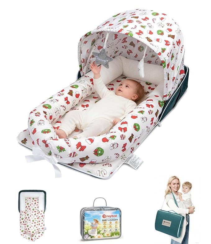 Baby Lounger, Portable Foldable Travel Lounger for Newborn 0-12 Month, Washable Lightweight Infant Nest with Canopy, Soft Breathable Baby Nest with Adorable Pattern, Home & Outdoor Use