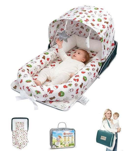 Baby Lounger, Portable Foldable Travel Lounger for Newborn 0-12 Month, Washable Lightweight Infant Nest with Canopy, Soft Breathable Baby Nest with Adorable Pattern, Home & Outdoor Use