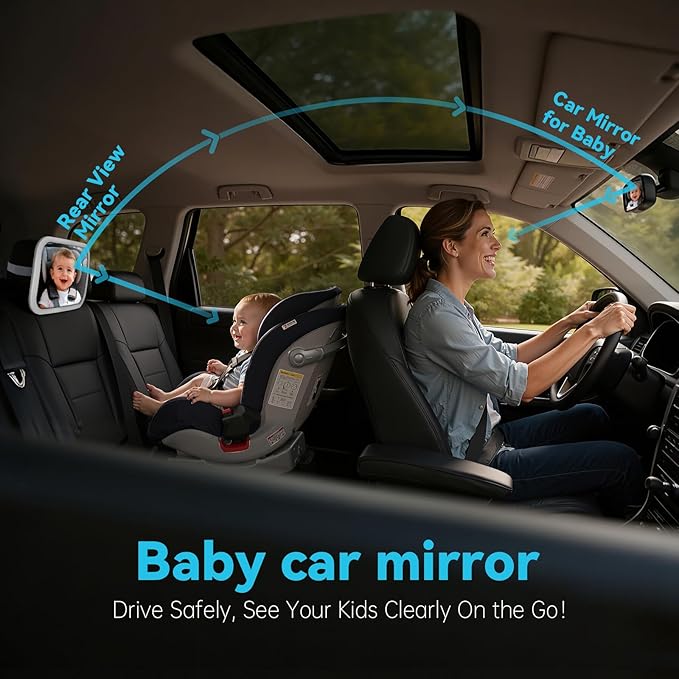 Baby Car Mirror with Remote Control Light, Shatterproof, 360° Adjustable Wide View with Night Vision, Easy Install for Rear Facing Infant Backseat (Voice gradient white)