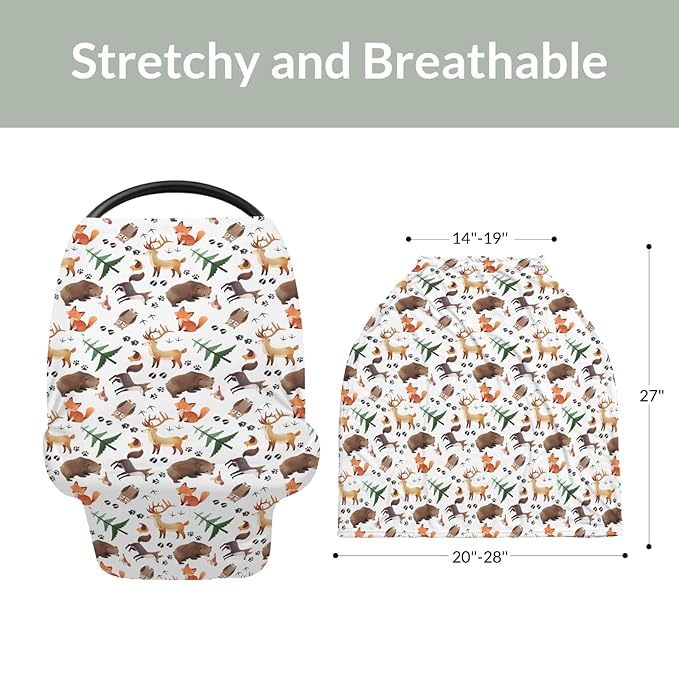 Cute Animals Baby Car Seat Covers Animal Tracks Bear Raccoon Moose Wolf Owl Fox Stretchy 5-in-1 Cover Adjustable Infant Carseat Canopy Cover Cartoon Forest Animal Breathable Nursing Cover-Up