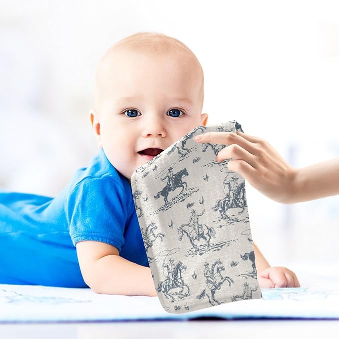 Western Cowboy Baby Washcloths Newborn Muslin Burp Cloths 3 Pack Soft Cotton Baby Face Bath Towel Drool Bibs for Infants, Girls and Boys 11.8 x 11.8 Inch