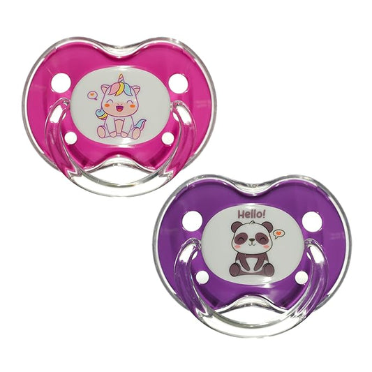Playtex Baby Binky Orthodontic Pacifier with Snap-On Cover, Air Comfort Shield, Medical Grade Silicone, Up to 6 Months, Pink & Purple (2 Count)