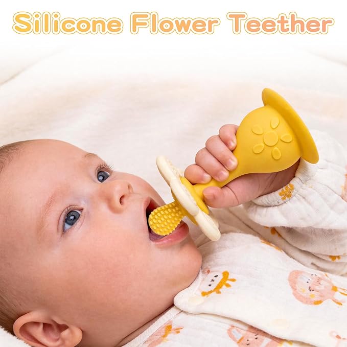 Baby Silicone Flower Teether & Rattle Toys for Babies 0-24 Months, Nipple-Shaped End for Sucking Needs - 360° Toothbrush Teether Head for Sore Gums, Stand-up Base, Flower Texture, Easy to Grip -Yellow